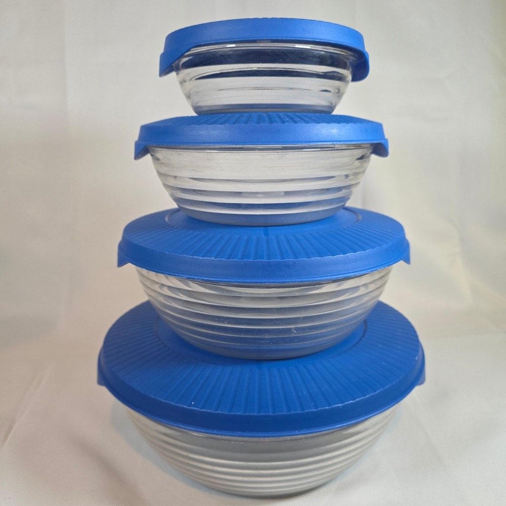 Vtg Rubbermaid Servin Saver Nesting Bowl Set Blue Vented Lids 4 Pc 3.5-2-1Qt 1Pt